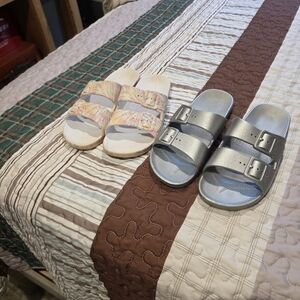 Womens Silver Double-Buckle Slide Sandals And Multi Sandal Slides